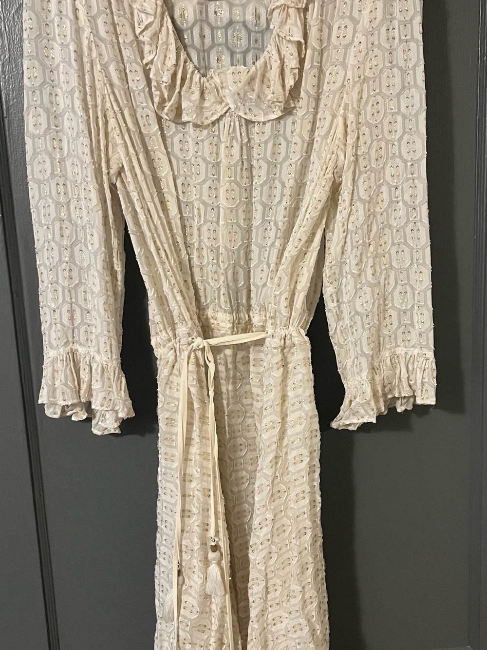 Tory Burch Cream Eyelet Ruffle Belted Midi Dress